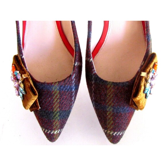 Designer Cole Haan Burgundy Tweed Plaid Bow/Brooch Pointed Toe Pumps 8.5 M - Picture 13 of 15